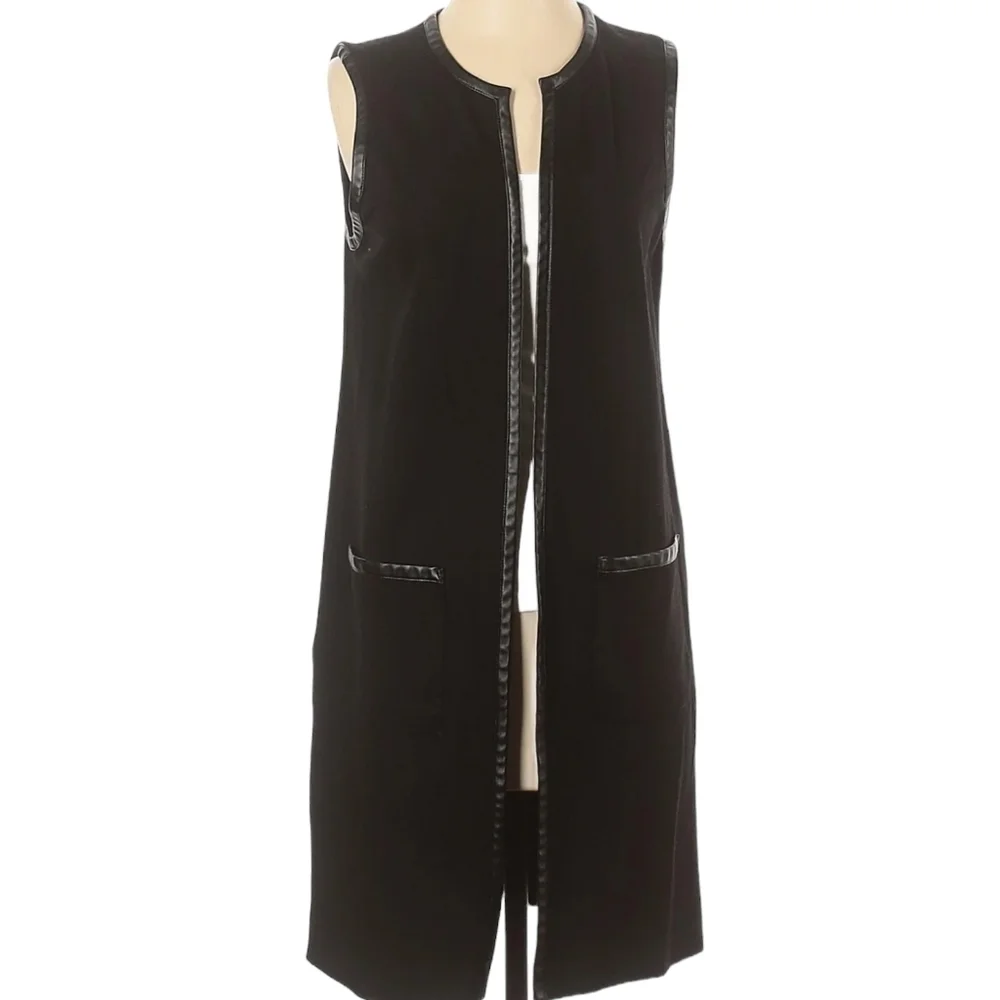 White House Black Market Black Long Vest Faux Leather Accents - Picture 4 of 11
